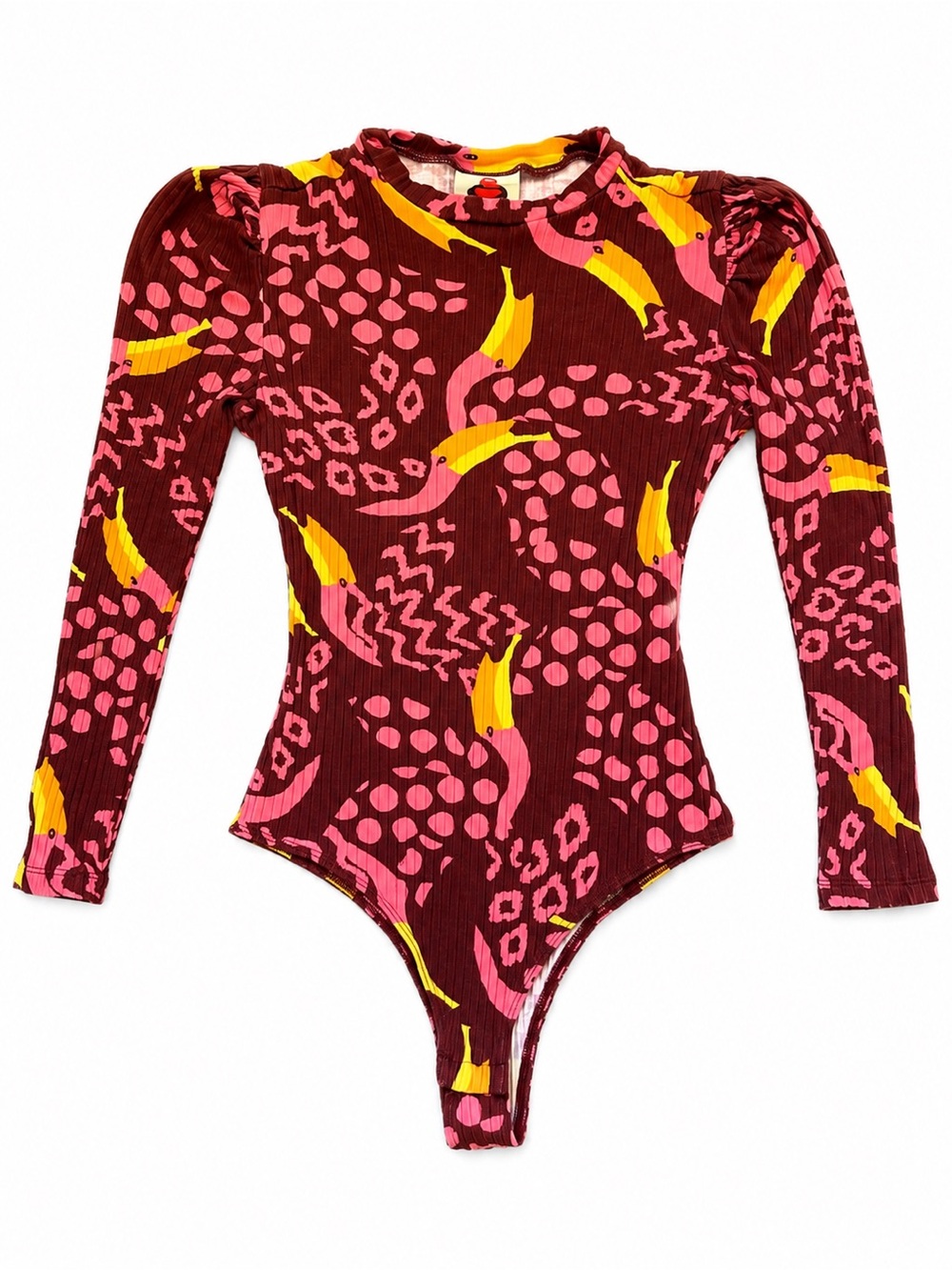 Farm Rio Tropical Bird Print Ribbed Puff Sleeve Bodysuit Small